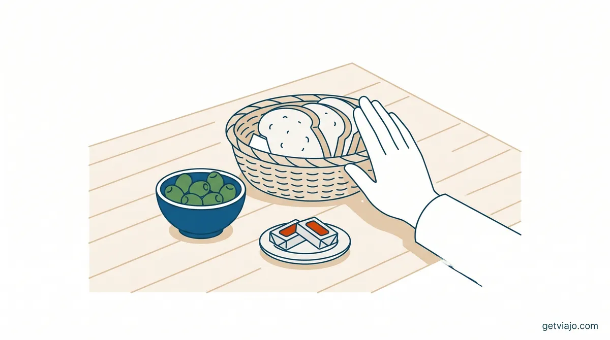 A hand politely refusing a basket of bread and olives on a restaurant table