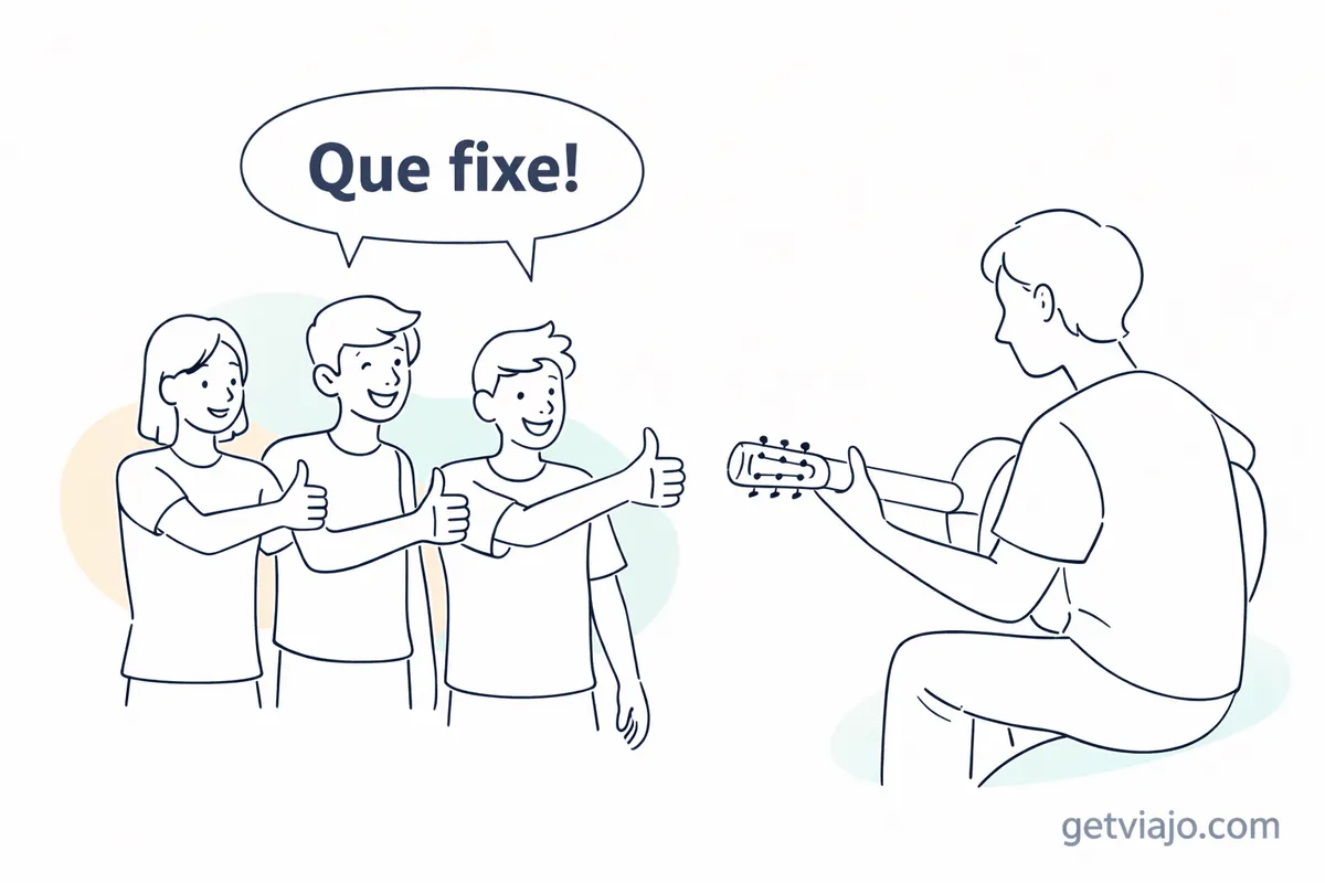 Friends enjoying a guitar performance and using the word fixe to show approval.