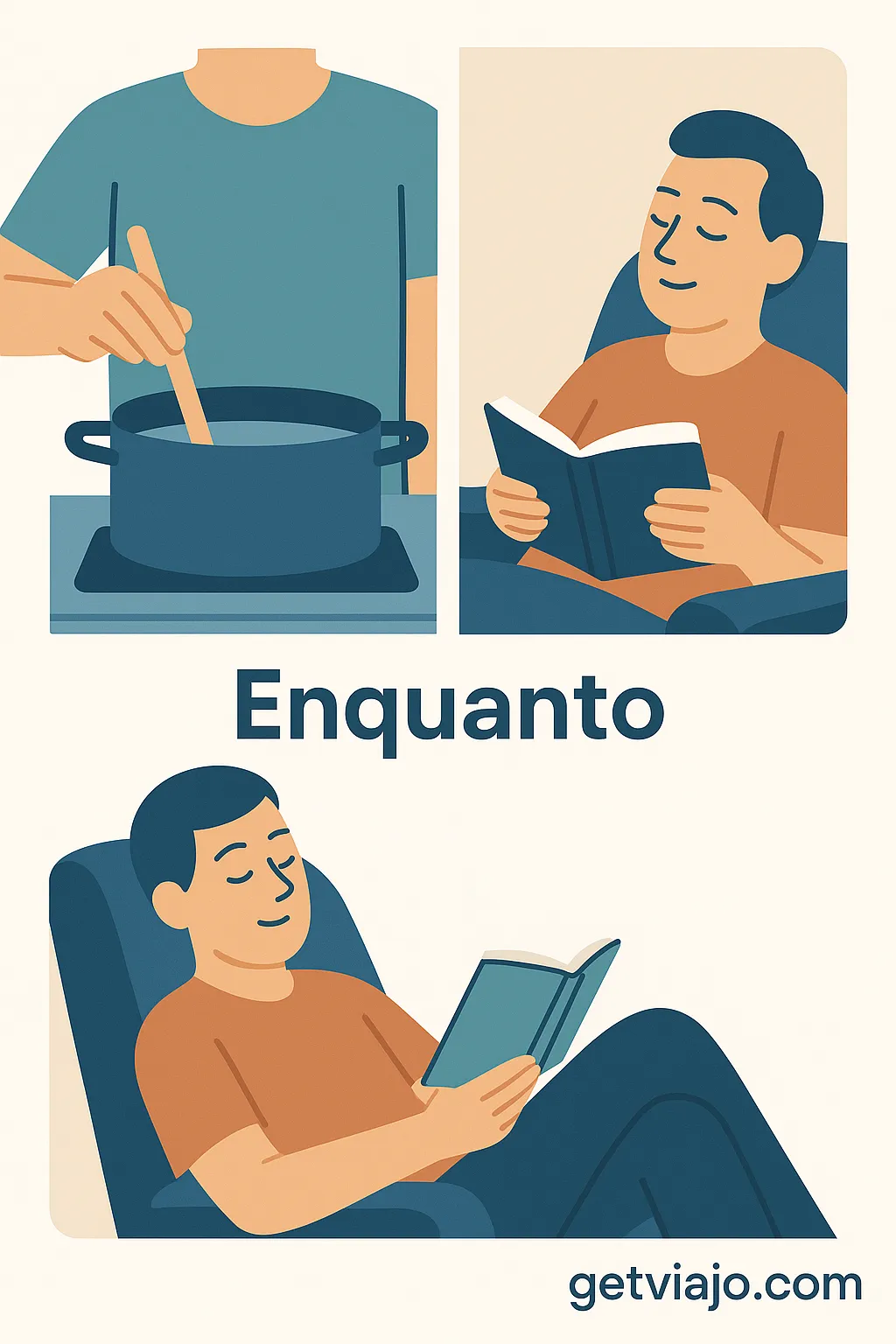 Split screen showing cooking and reading happening simultaneously.