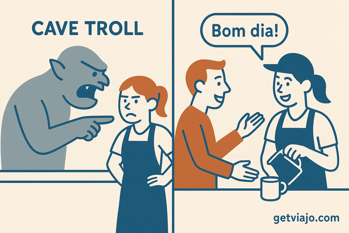 Comparing rude 'Cave Troll' ordering vs. polite Portuguese etiquette.