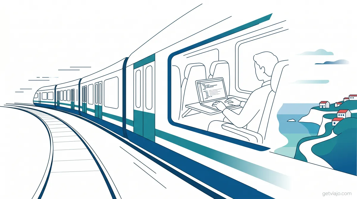 A modern Alfa Pendular train traveling smoothly with a passenger working on a laptop inside
