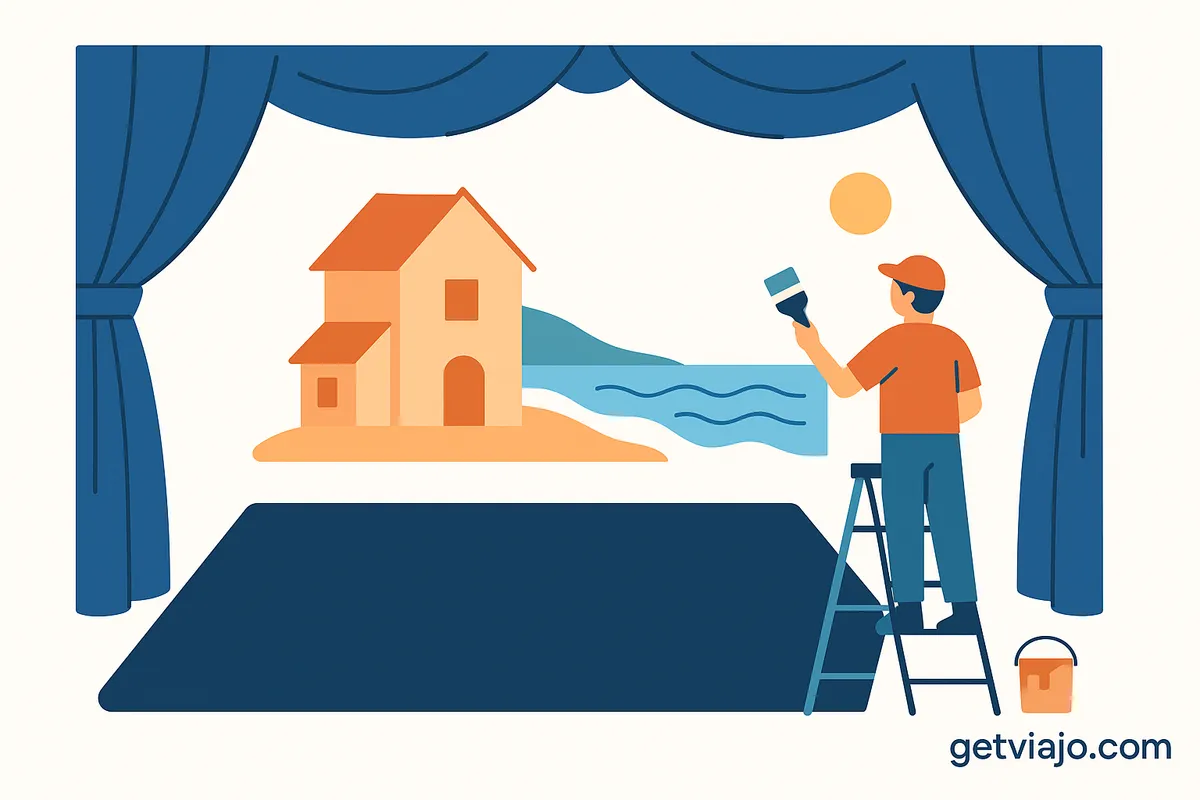 A set designer painting a background scene on a theater stage.