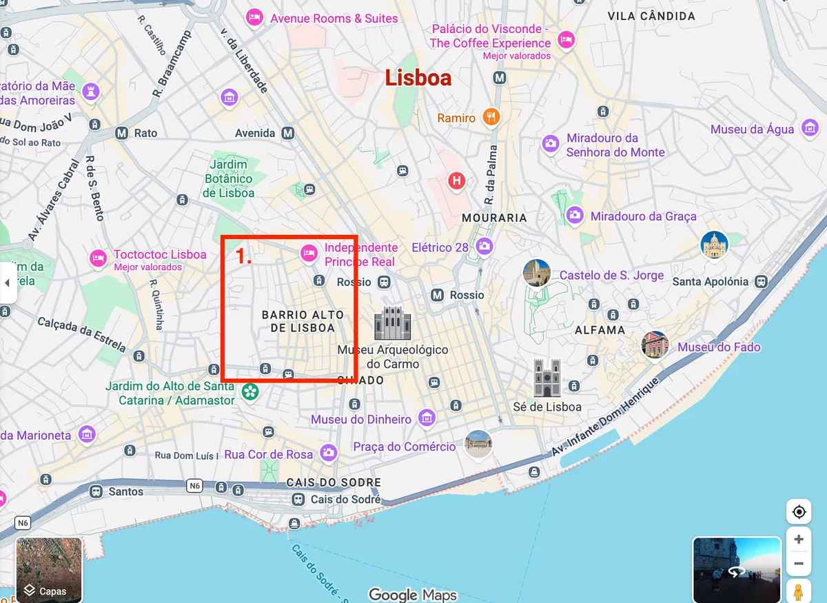 Where Príncipe Real and Bairro Alto are on a map