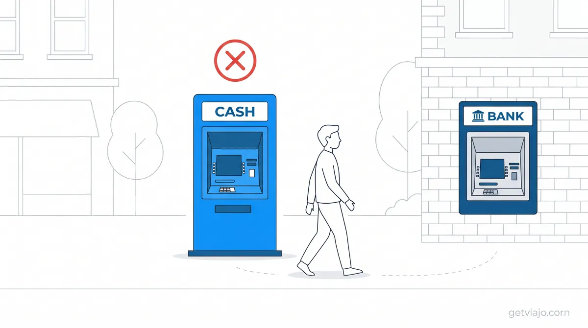 A person avoiding a bright blue standalone tourist ATM in favor of a traditional bank ATM