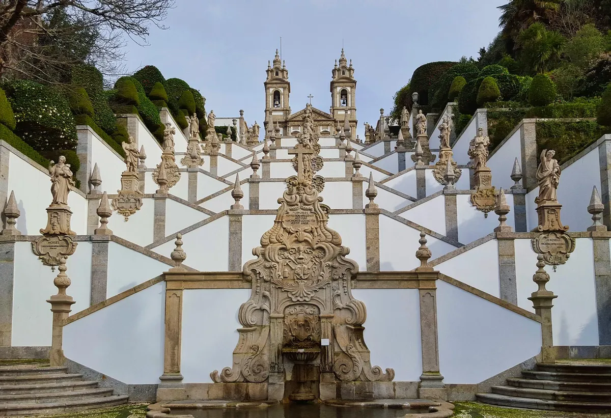 The monumental zigzagging Baroque staircase leading up to the Bom Jesus do Monte sanctuary in Braga