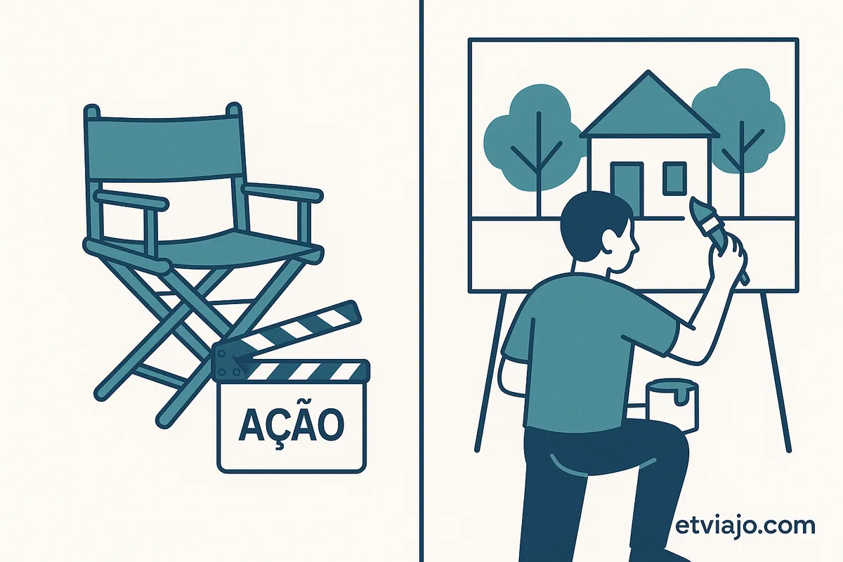 Director's chair representing action versus set design painting representing context.