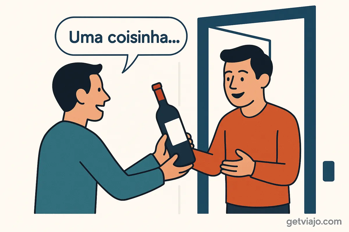 Handing a gift to a Portuguese host upon arrival.