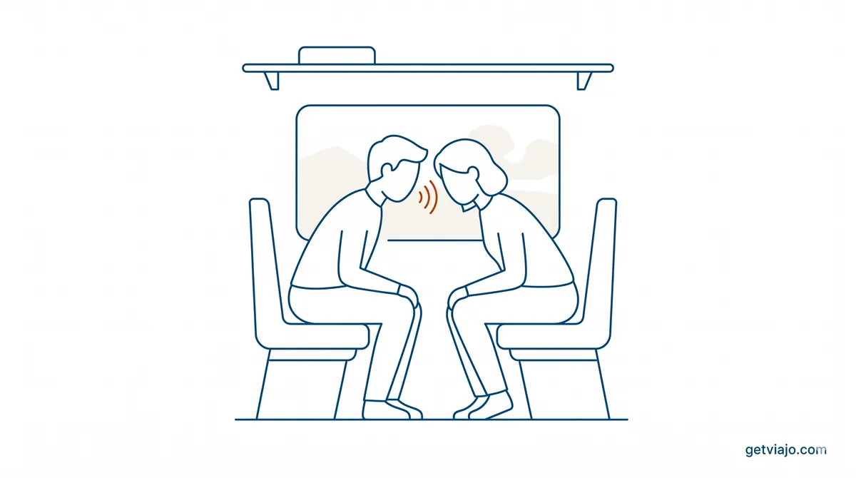 Two people having a quiet conversation on a public train