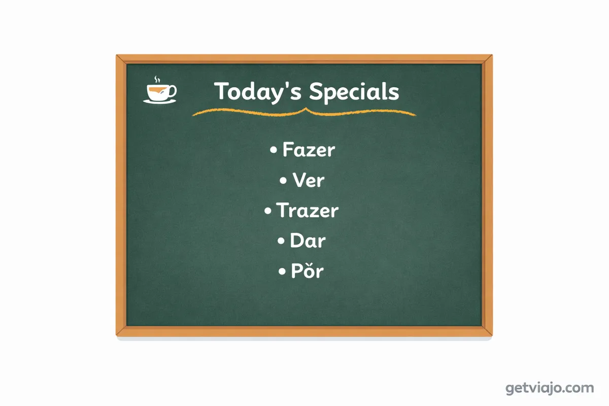 Chalkboard menu listing common Portuguese irregular pronoun conjugations.