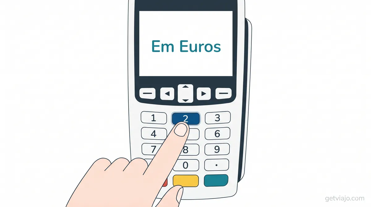 A finger pressing the number 2 button on a credit card terminal to select payment in euros