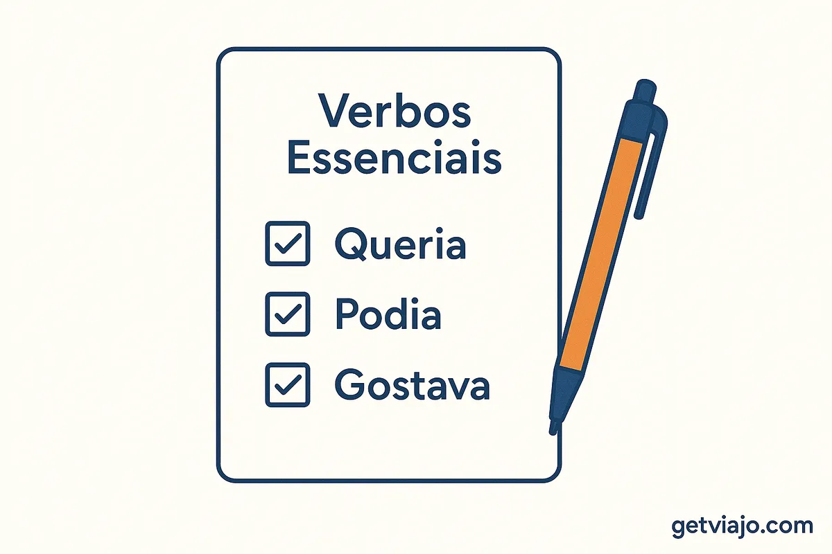 A cheat sheet notebook page listing the three key polite verbs in Portuguese.