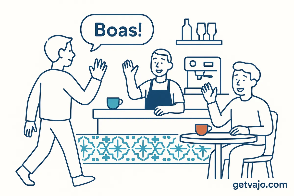 A casual greeting in a Portuguese cafe using the word Boas.