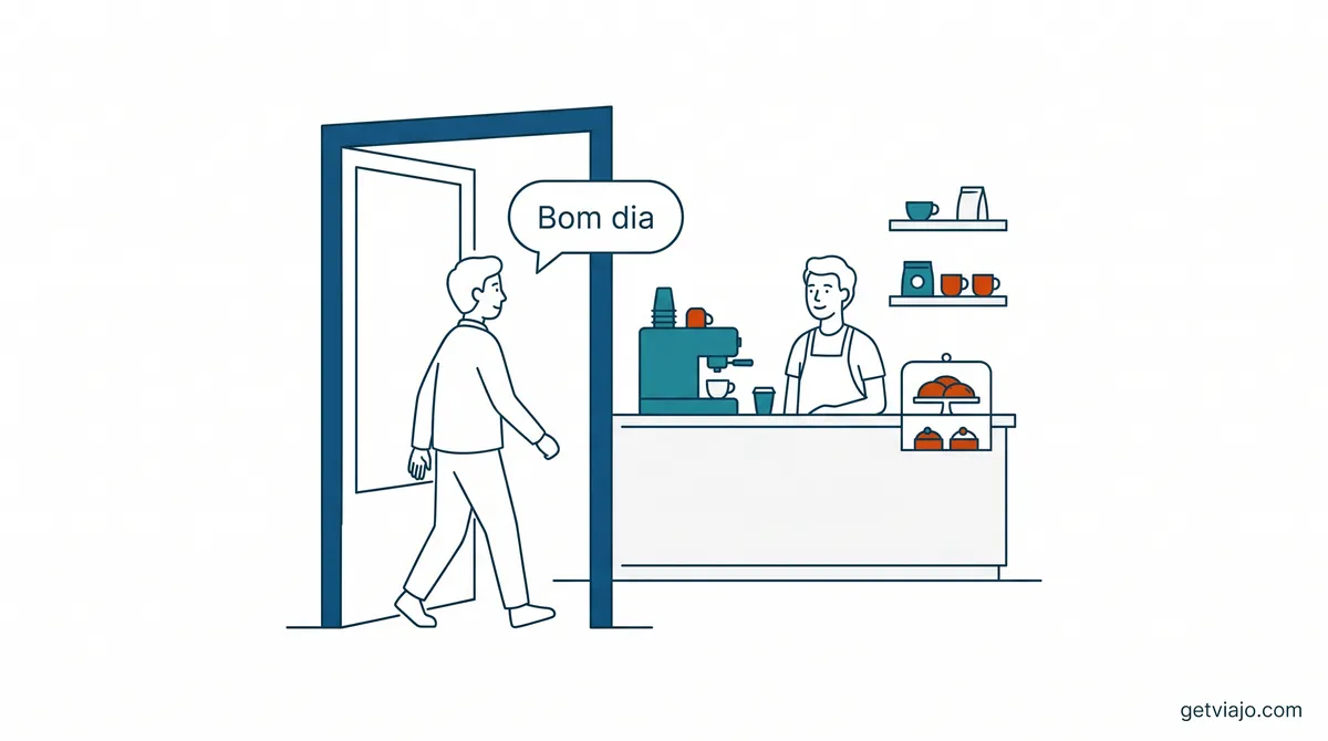 A person entering a cafe and greeting the barista with Bom dia