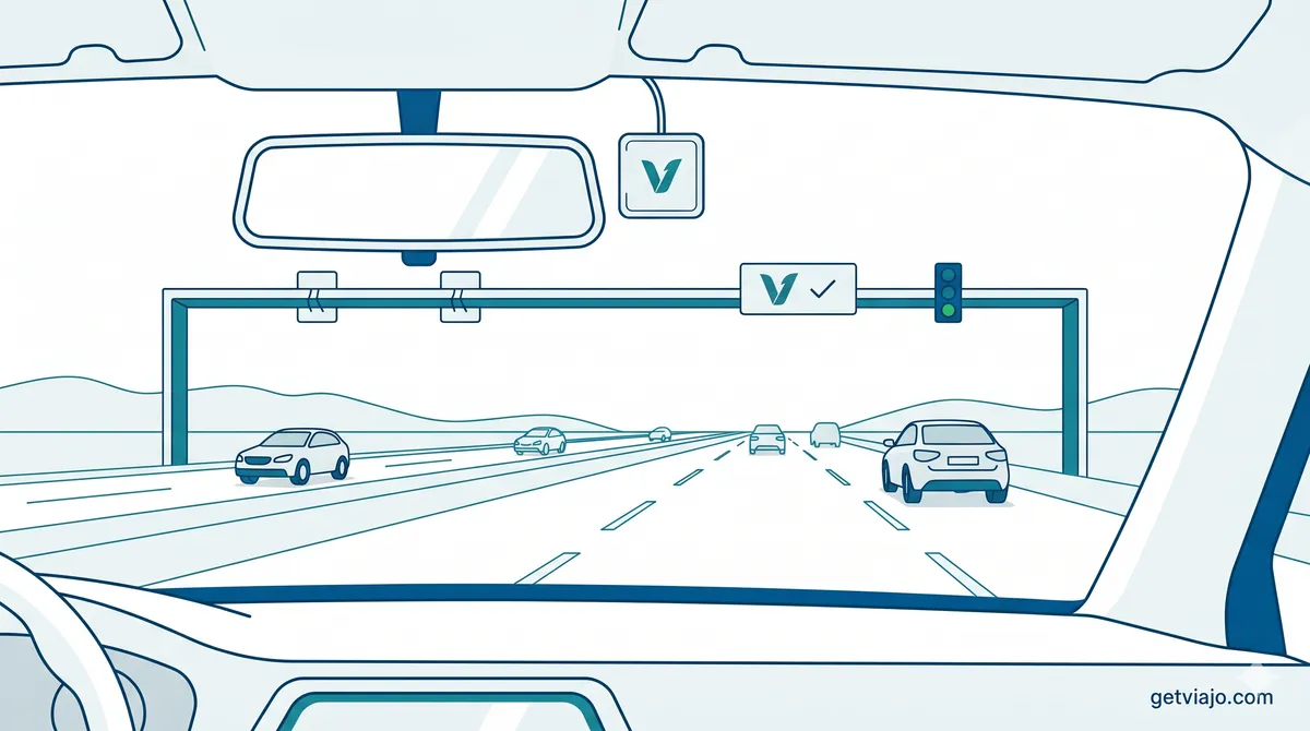 A view through a car windshield showing a Via Verde electronic toll transponder attached to the glass
